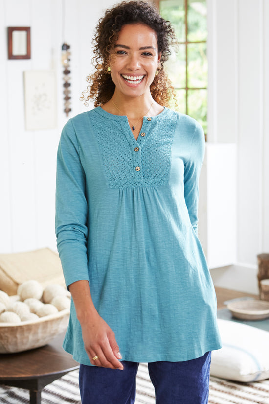 Womens,Tunic,Tunics,Jersey,Broderie,Slub,Blue, Light Blue,Hydro,Bright,Comfy,Comfortable,Colourful,Spring,Summer,Limited,Mistral