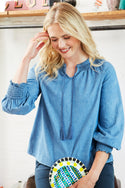Womens,Blouse,Blouses,Shirt,Shirts,Denim,Chambray,Tassel,Sustainable,Cotton,Organic Cotton,Blue,Blue Wash,Neck Neck,Smocking,Bright,Comfy,Comfortable,Colourful,Spring,Summer,Limited,Mistral