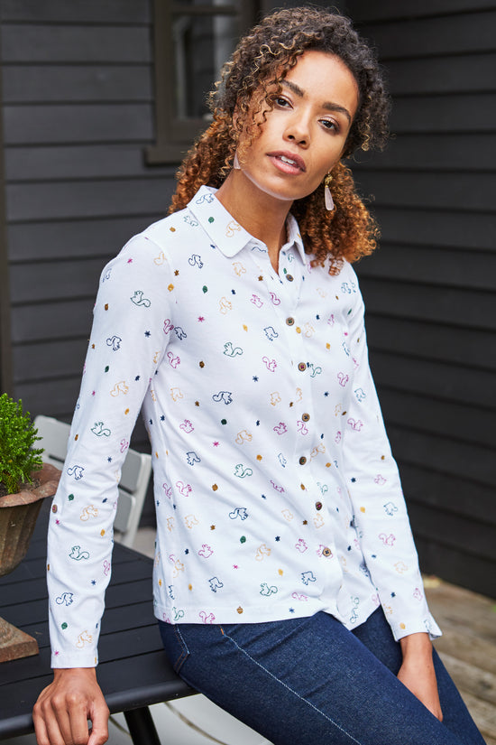 Womens,Shirt,Shirts,White,Embroidered,Embroidery,Squirrel,Bright,Comfy,Comfortable,Colourful,Spring,Summer,Limited,Mistral