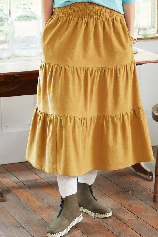 Womens,Skirt,Skirts,Cord,Corduroy,Bronze Mist,Bronze,Yellow,Tiered,Smocking Detail,Bright,Comfy,Comfortable,Colourful,Spring,Summer,Limited,Mistral