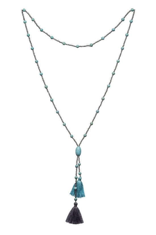 Two Tassels Tuquoise Beads Long Length Necklace Turquoise/silver