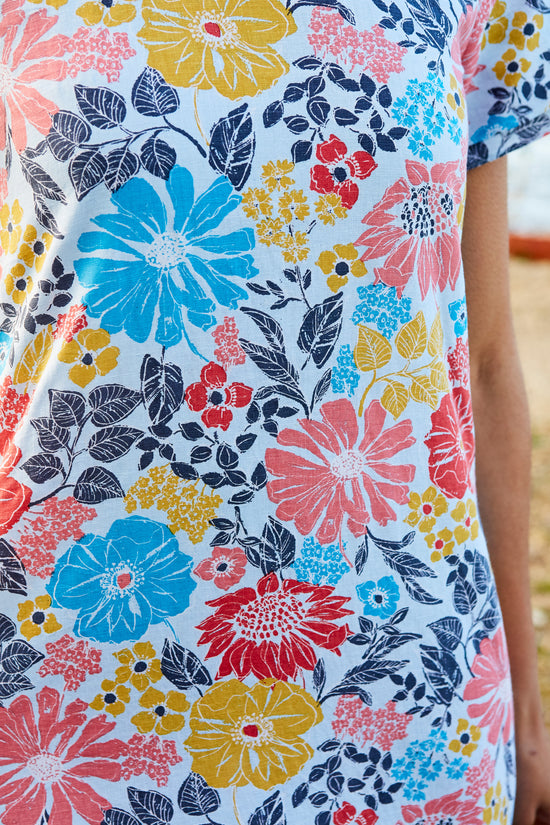 Womens,Dress,Dresses,Print,Prints,Printed,Floral,Blue,Pink,Yellow,White,Linen,Scoop Neck,Bright,Comfy,Comfortable,Colourful,Spring,Summer,Limited,Mistral