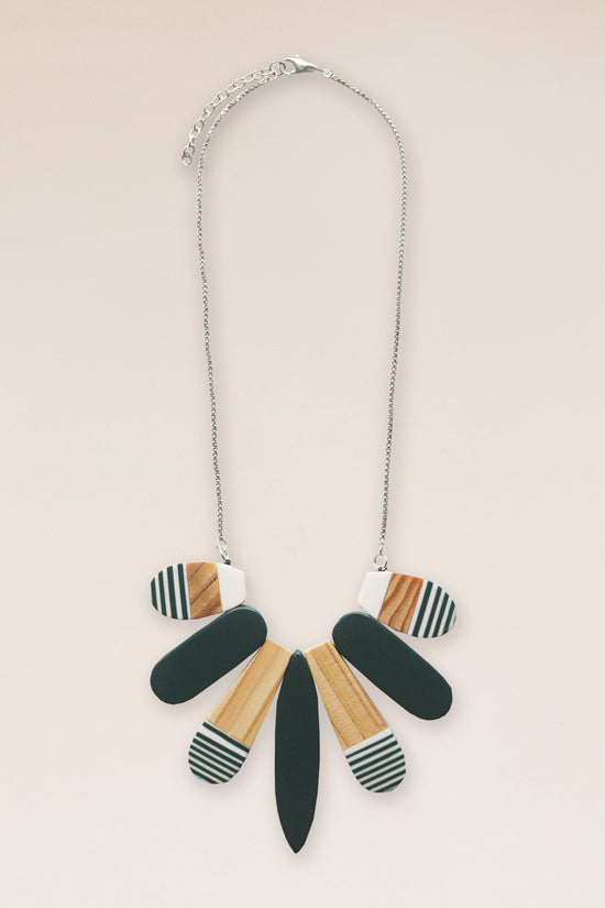 Striped Resin and Wood Fan Necklace
